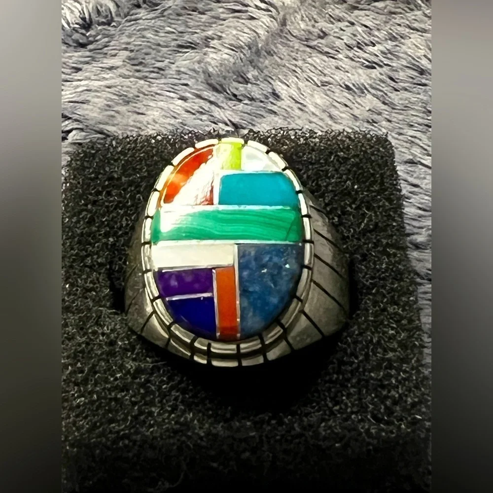 Men’s Native American Sterling Silver Multi Stone Inlay Signet Ring Size 9
